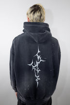 Cyber Sigilism hoodie by CyberWaver, designed for ravers and digital mystics, featuring a central cyber sigil cross, gothic logo print, and distressed fabric details.