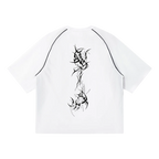Corruption cyber sigilism spine sigil in black on the back of a white raglan tee