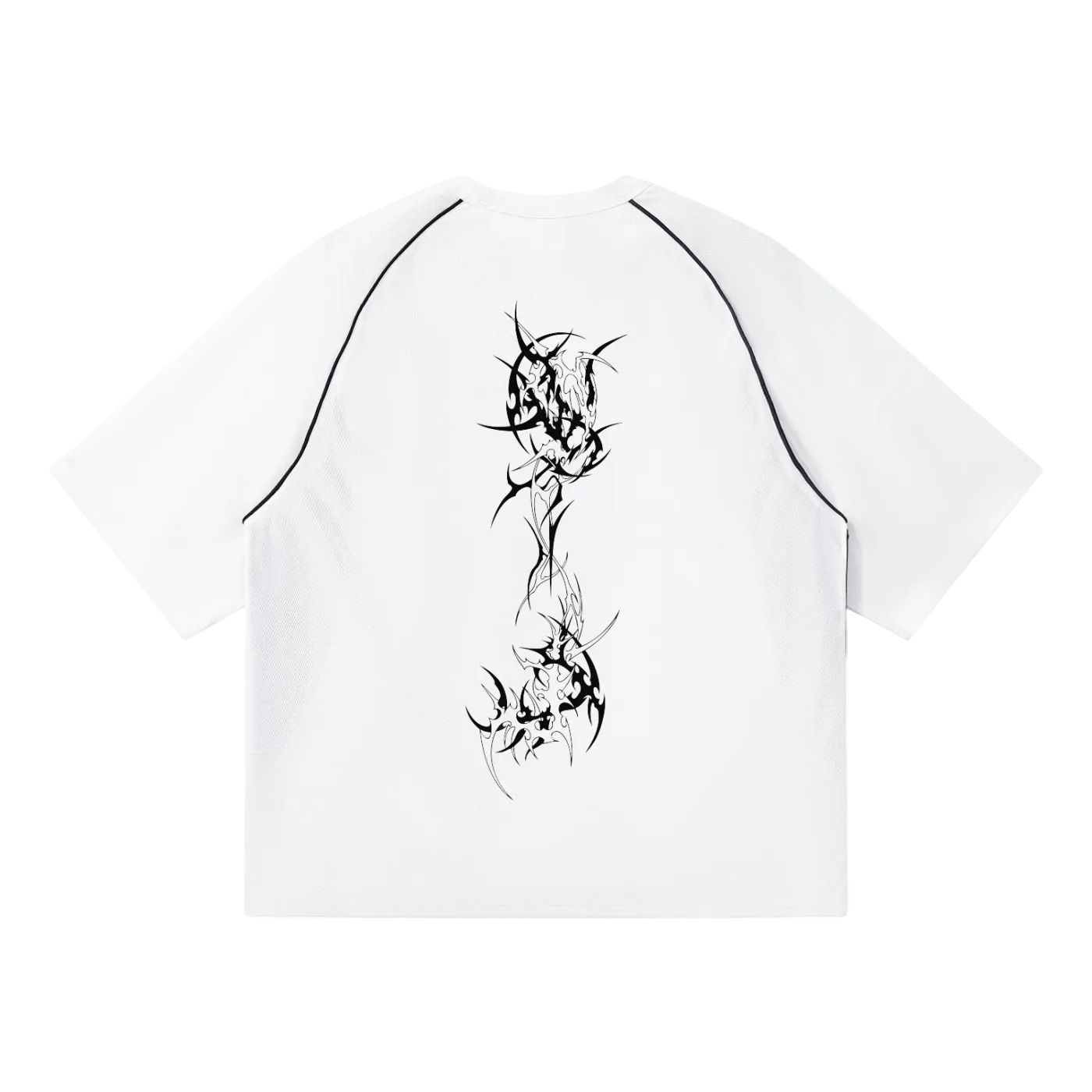 Corruption cyber sigilism spine sigil in black on the back of a white raglan tee