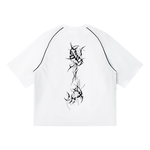 Corruption cyber sigilism spine sigil in black on the back of a white raglan tee