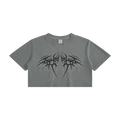 Gray crop top with black tribal design on a white background