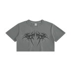 Gray crop top with black tribal design on a white background