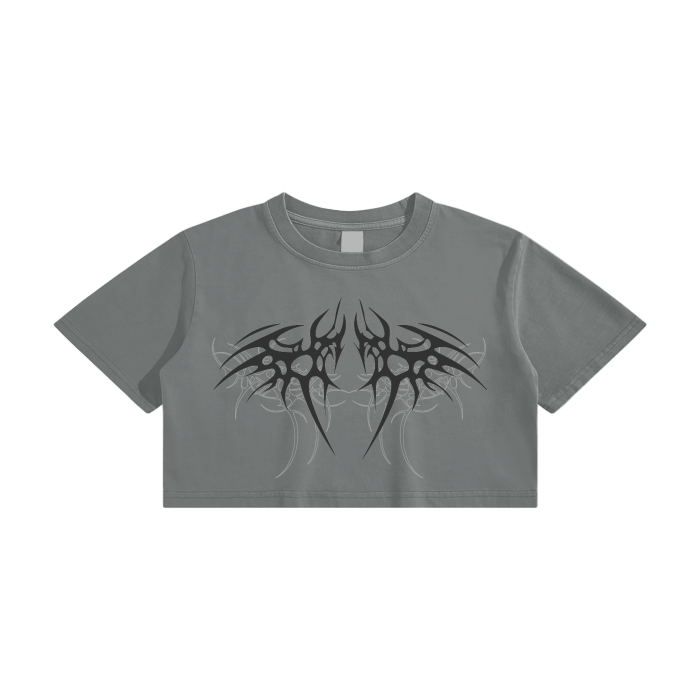 Gray crop top with black tribal design on a white background
