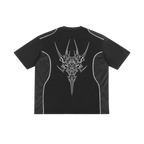 Night Circuit cyber sigilism blade crest sigil in white on the back of a black mesh panel tee
