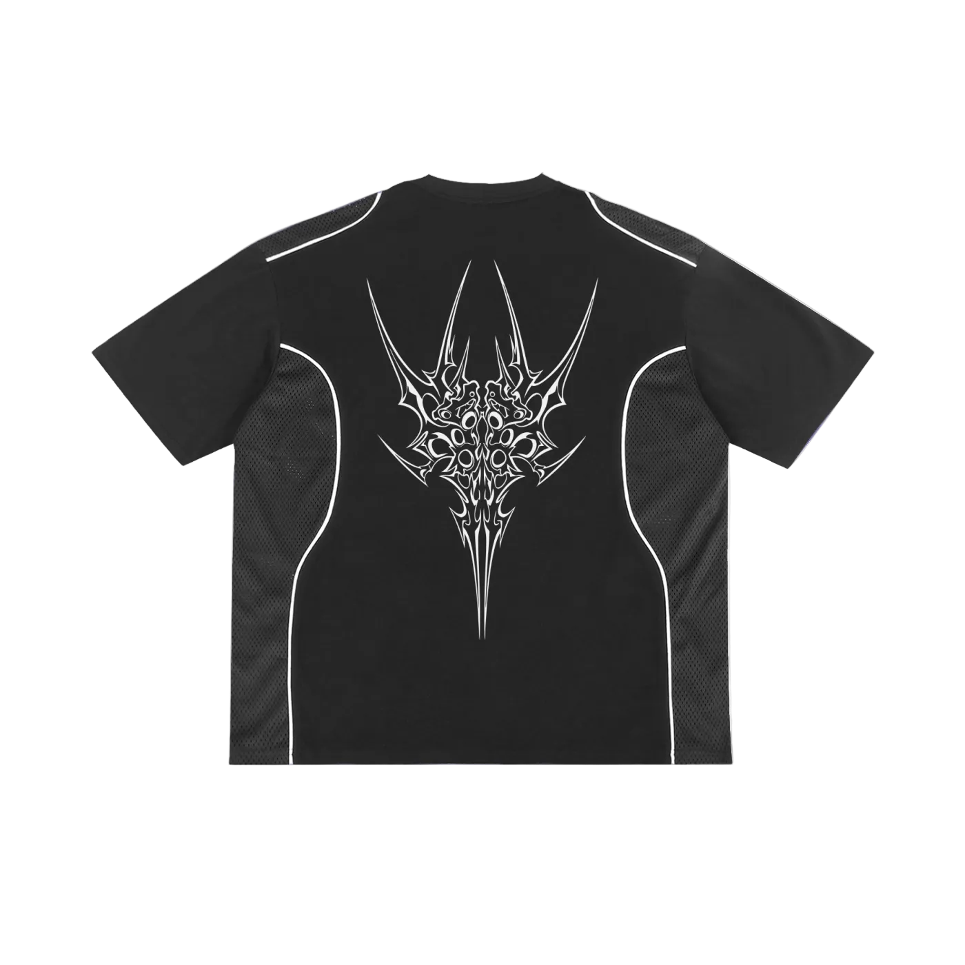 Night Circuit cyber sigilism blade crest sigil in white on the back of a black mesh panel tee