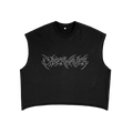 Black cropped raw edge tank with white outline CYBERWAVER metal script logo, front view