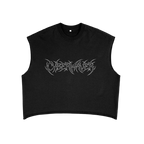 Black cropped raw edge tank with white outline CYBERWAVER metal script logo, front view