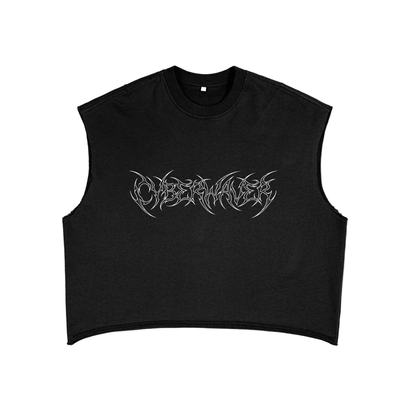 Black cropped raw edge tank with white outline CYBERWAVER metal script logo, front view