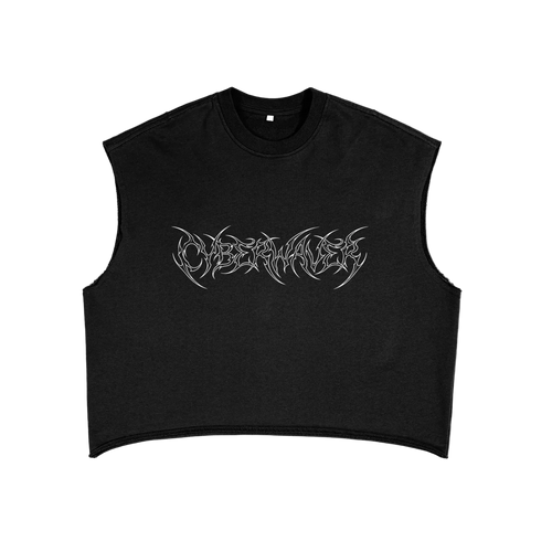 Black cropped raw edge tank with white outline CYBERWAVER metal script logo, front view
