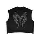 Heaven Sent winged heart cyber sigilism print in white outline on the back of a black crop tank