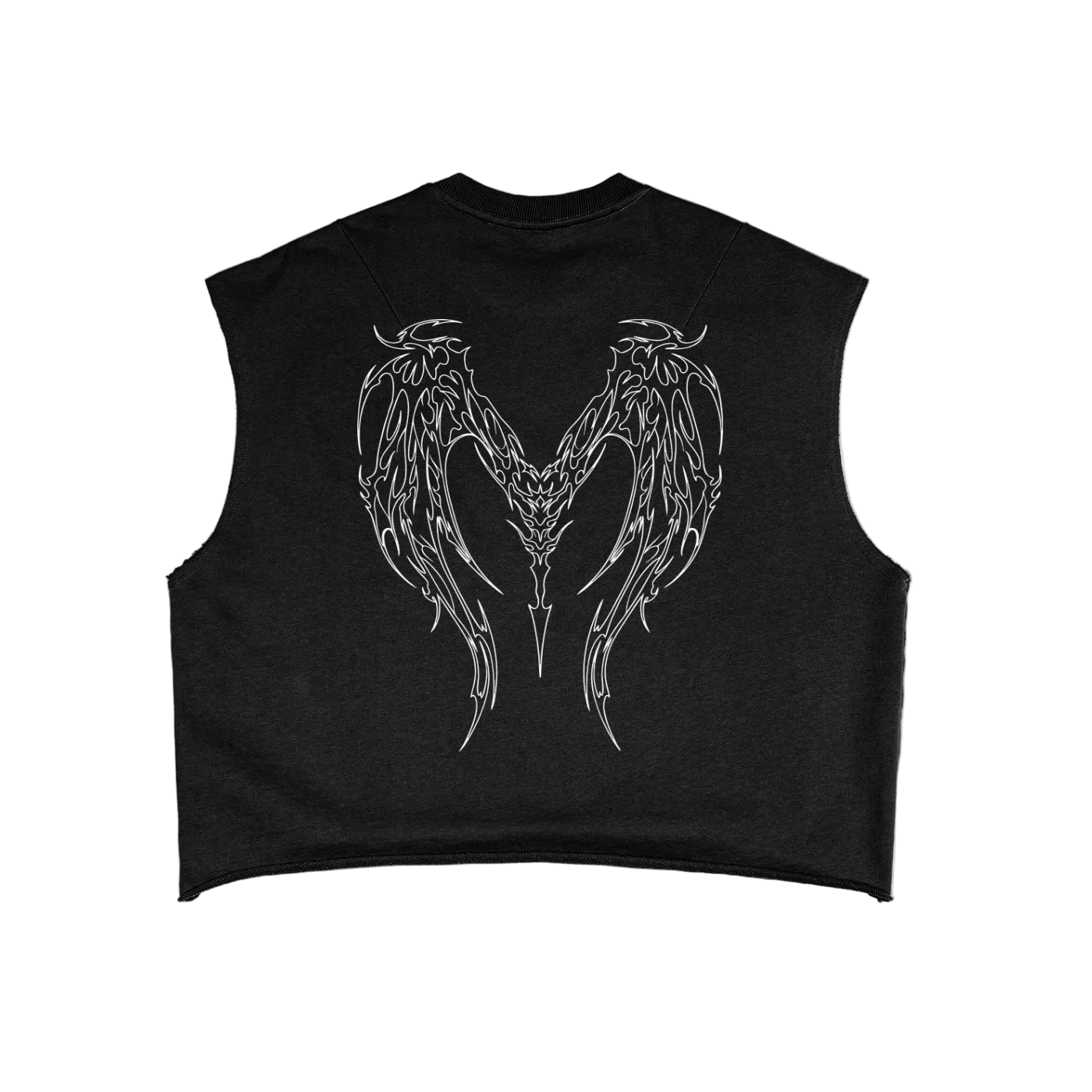 Heaven Sent winged heart cyber sigilism print in white outline on the back of a black crop tank