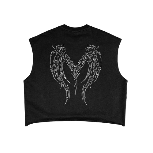 Heaven Sent winged heart cyber sigilism print in white outline on the back of a black crop tank
