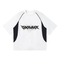 White raglan tee with black piping and black CYBERWAVER metal script logo, front view