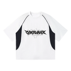 White raglan tee with black piping and black CYBERWAVER metal script logo, front view