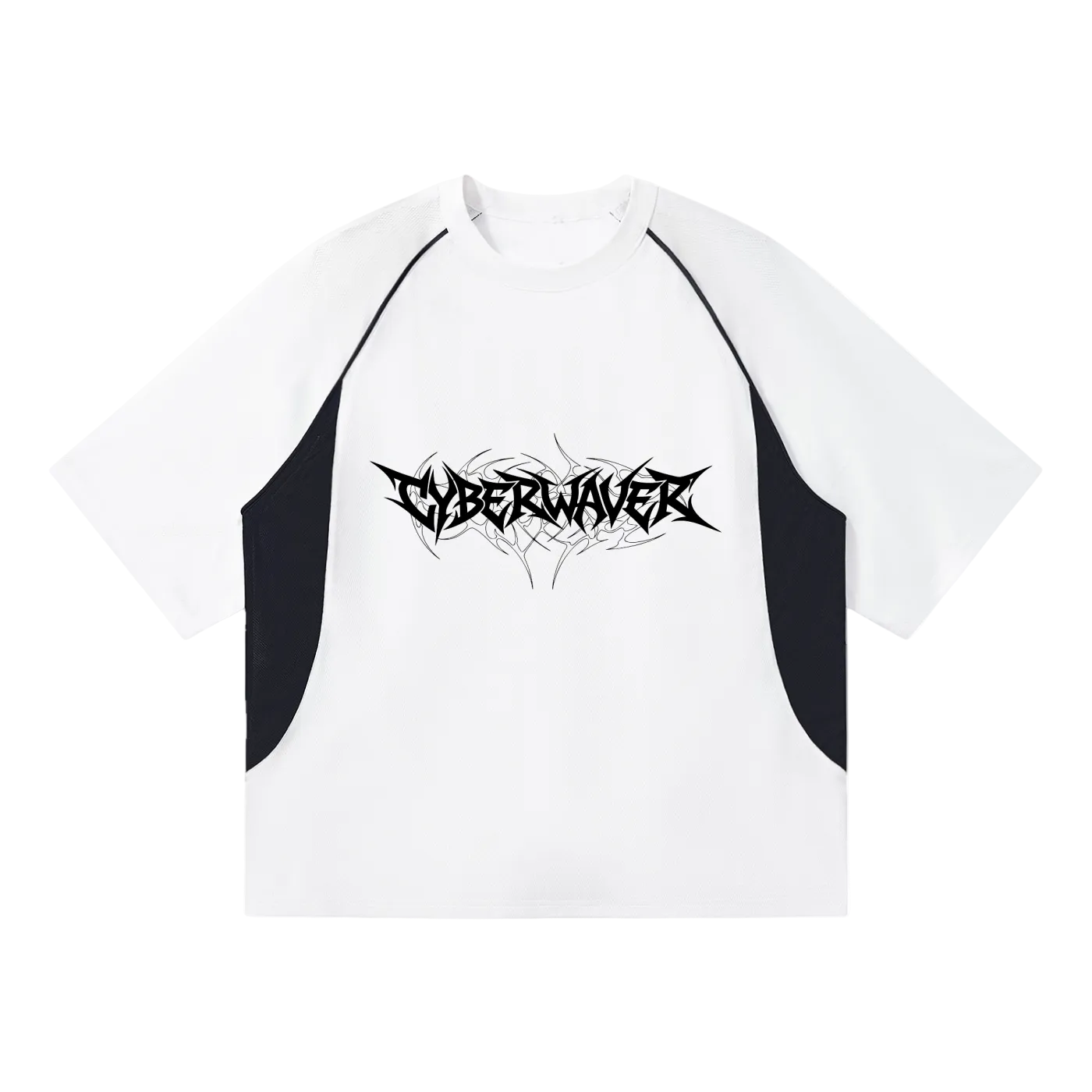 White raglan tee with black piping and black CYBERWAVER metal script logo, front view