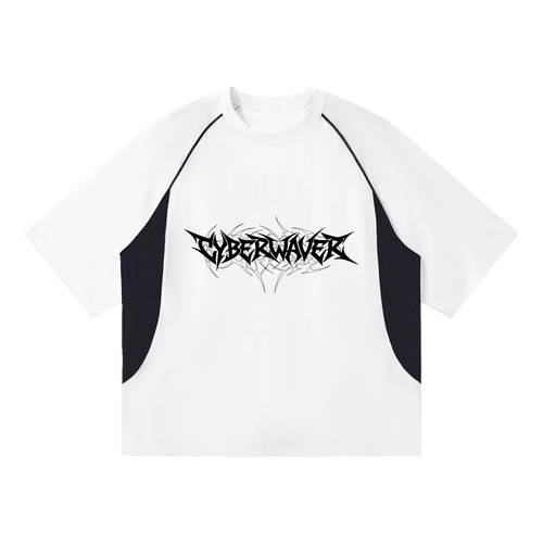 White raglan tee with black piping and black CYBERWAVER metal script logo, front view