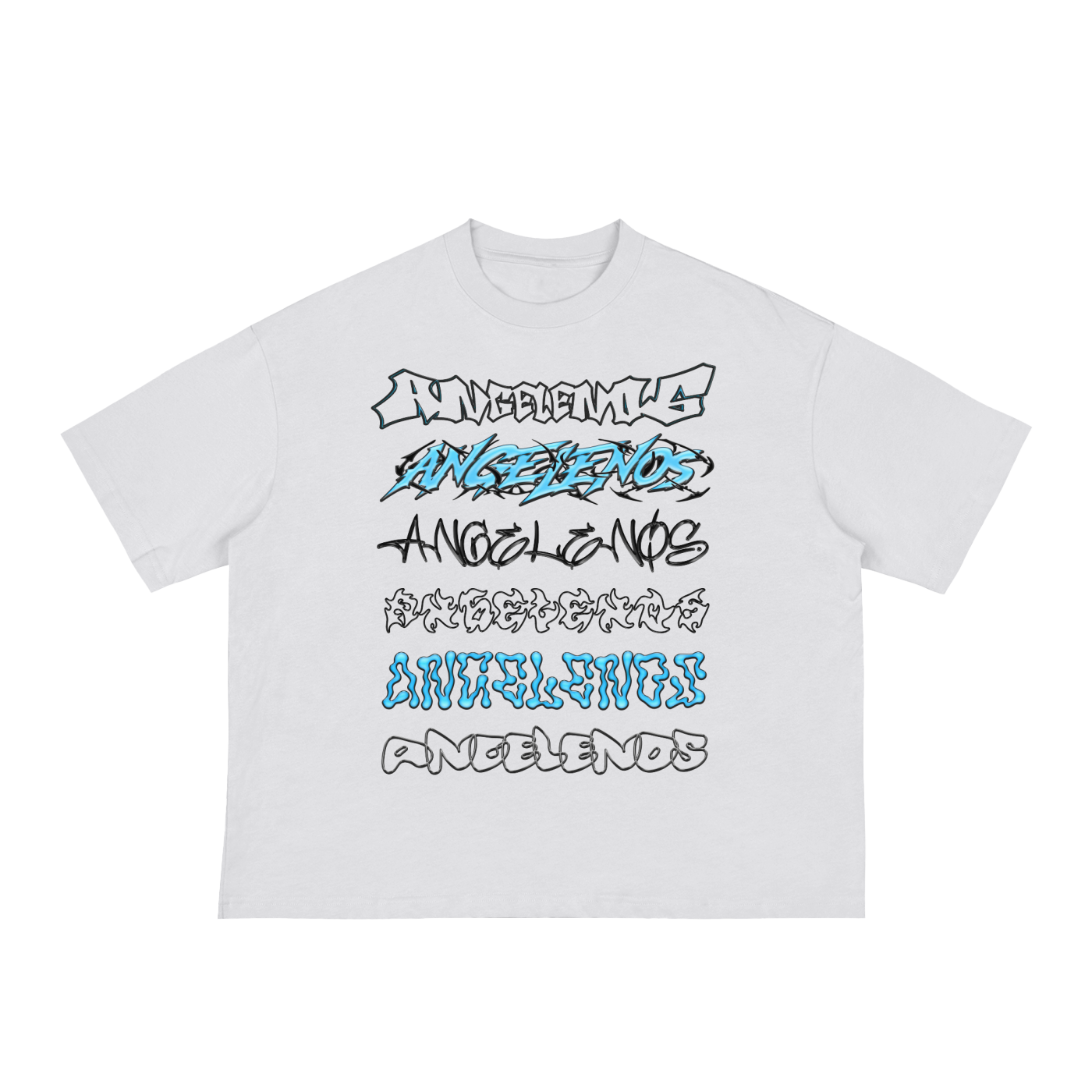 White boxy tee with blue and black TYPOGRAPHY and CYBER TRIBAL INSO
