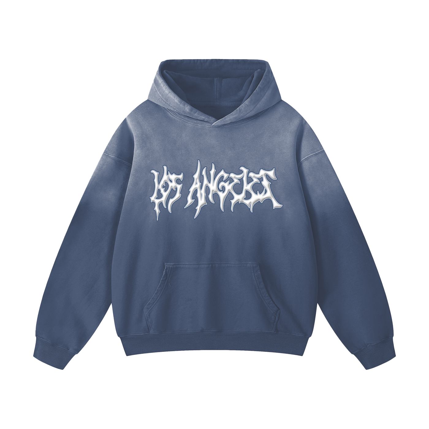 A blue wash hoodie with 'LOS ANGELES' written across the front 