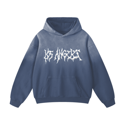 A blue wash hoodie with 'LOS ANGELES' written across the front 