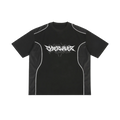 Black mesh panel tee with white piping and white CYBERWAVER metal script logo, front view