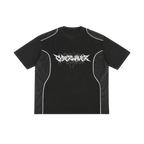 Black mesh panel tee with white piping and white CYBERWAVER metal script logo, front view