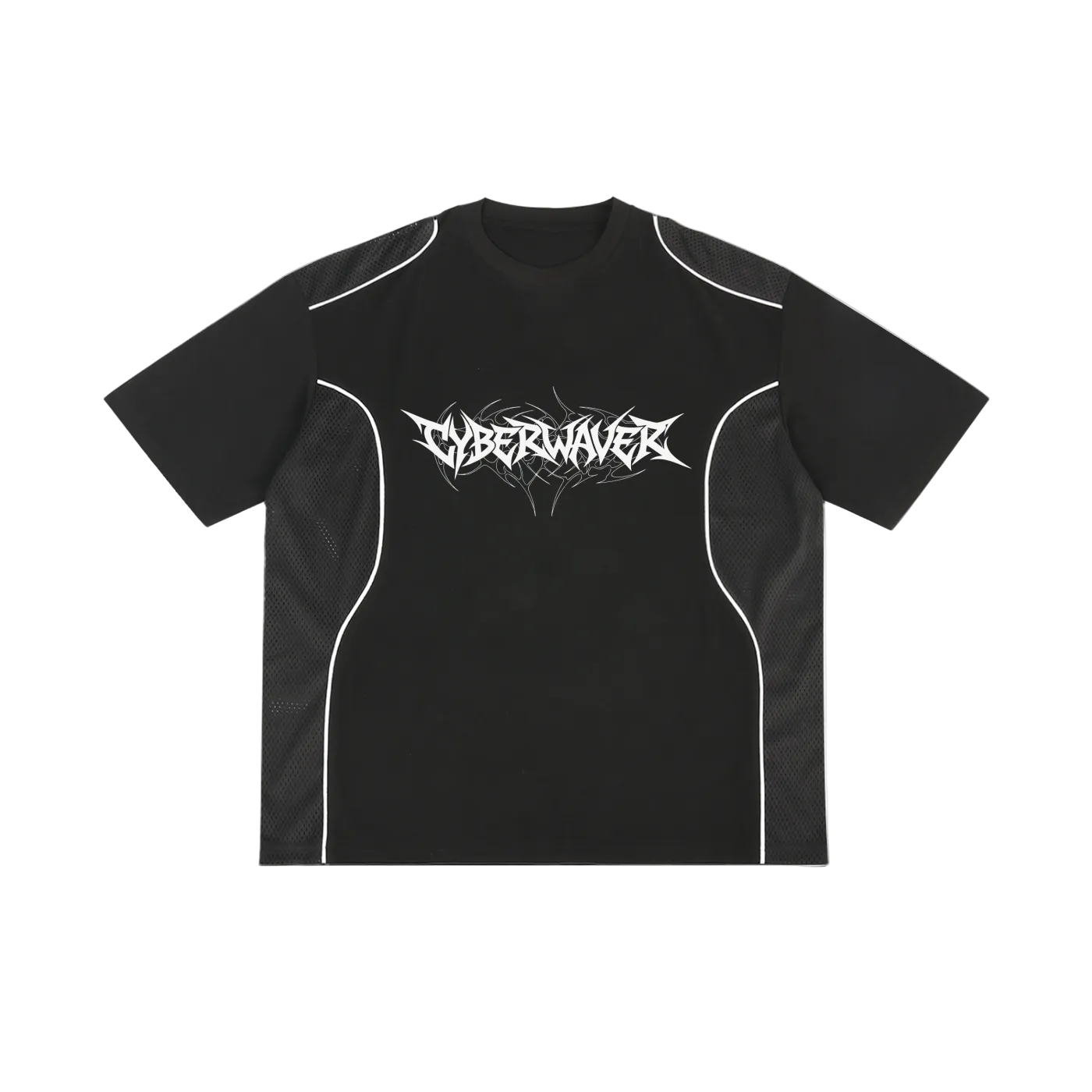 Black mesh panel tee with white piping and white CYBERWAVER metal script logo, front view